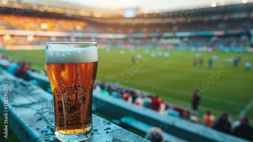 glass of cold beer with foam in a soccer stadium with the field in the background
