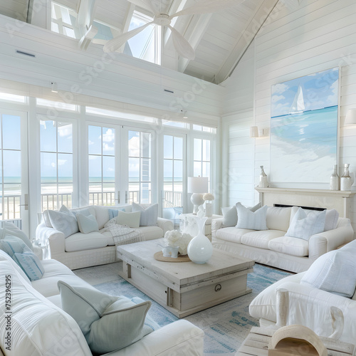 photo of a coastal beach house interior with a nautical theme and light, airy colors. 3d render.