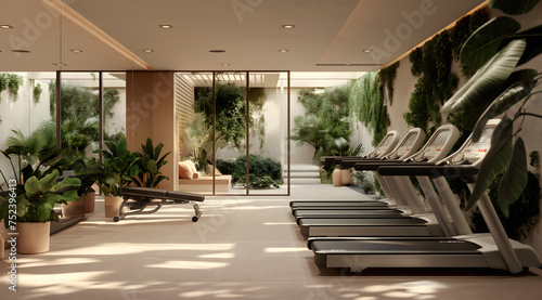 Modern luxe boutique gym room with nature