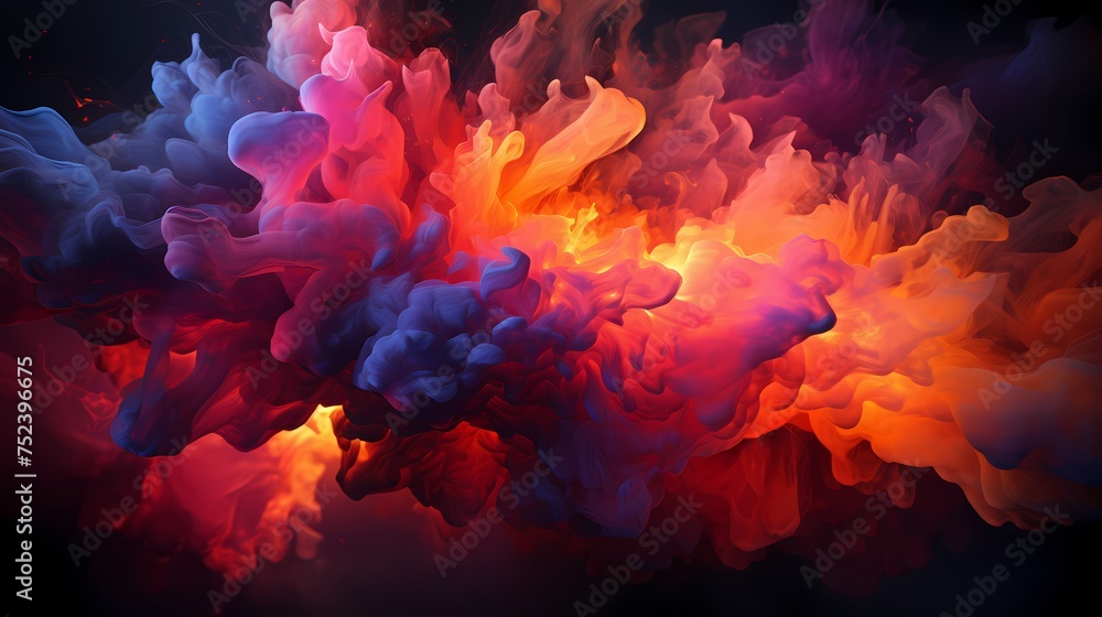 Crimson red and royal purple liquids collide, generating a vibrant burst of energy that paints the air with abstract patterns of astonishing beauty. HD camera captures the intense