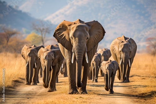 Herd of majestic elephants gracefully walking through the vast serengeti wilderness