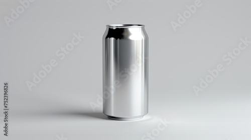 Full body photograph of a plain aluminum soda can isolated on a white background.