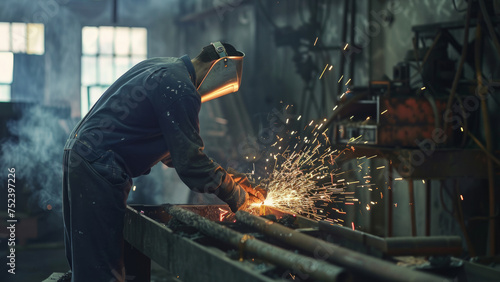 Industrious worker welding with sparks flying in a gritty factory setting.