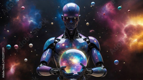 Humanoid robot holding a holographic projection of planet earth in his hands. Artificial intelligence android hands holding glowing earth globe. Space landscape on background
