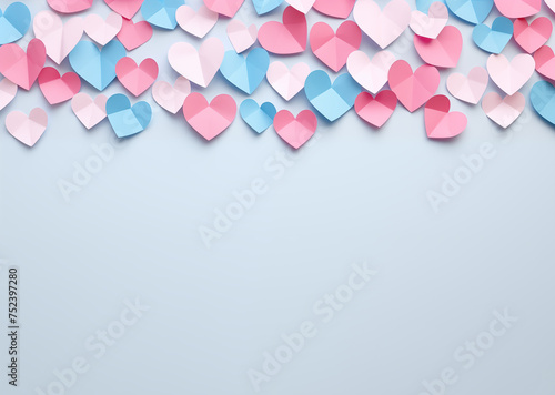 Simple white frame with copy space in paper cut hearts decorations, minimalistic style blue and pink background in pastel colors. Border for design card and banner