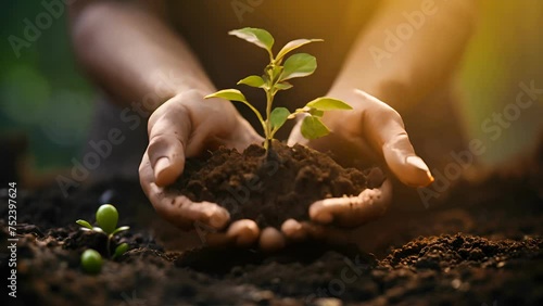 hold young tree ready to grow in fertile soil, prepare for plant and reduce global warming, Save world environment , save life, Plant a tree world environment day, sustainable , voluntee photo