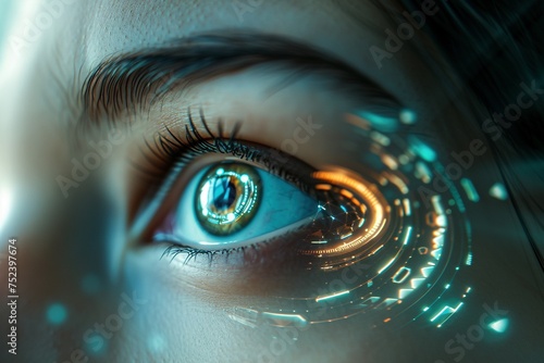 Digitales Auge eines weiblichen Cyborgs in Nahaufnahme 