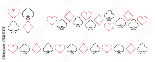 Card suits outline black red decorative elements. Pattern line, playing cards, casino. Risk, gambling - card suits border line. Signs and symbols - hearts, diamonds, clubs and spades.