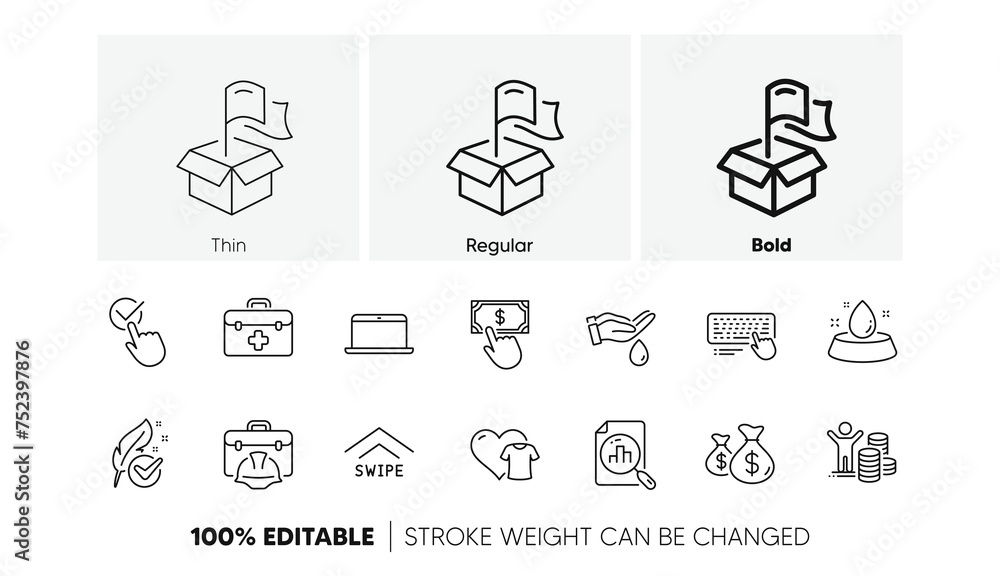 Wash hands, Coins bags and Hypoallergenic tested line icons. Pack of Analytics graph, Delivery location, Checkbox icon. First aid, Payment click, Computer keyboard pictogram. Line icons. Vector