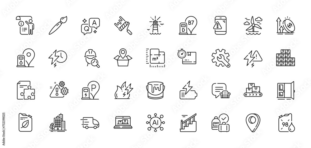 Floor plan, Lightning bolt and Warning message line icons pack. AI, Question and Answer, Map pin icons. Inspect, Brush, Petrol station web icon. Vector Floor plan, Lightning bolt and Warning message line icons pack. AI, Question and Answer, Map pin icons. Inspect, Brush, Petrol station web icon. Vector