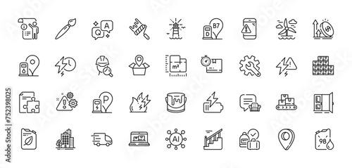 Floor plan, Lightning bolt and Warning message line icons pack. AI, Question and Answer, Map pin icons. Inspect, Brush, Petrol station web icon. Vector