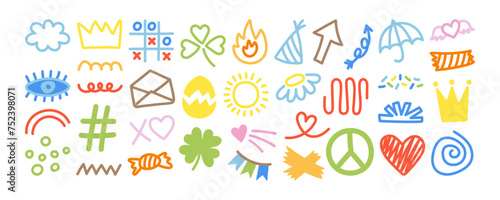 Hand drawn cute doodles set. Kids decorative elements - crown, abstract lines, heart. Collection of baby doodle illustrations isolated on white background - sun, cloud, pennants, umbrella and so on.