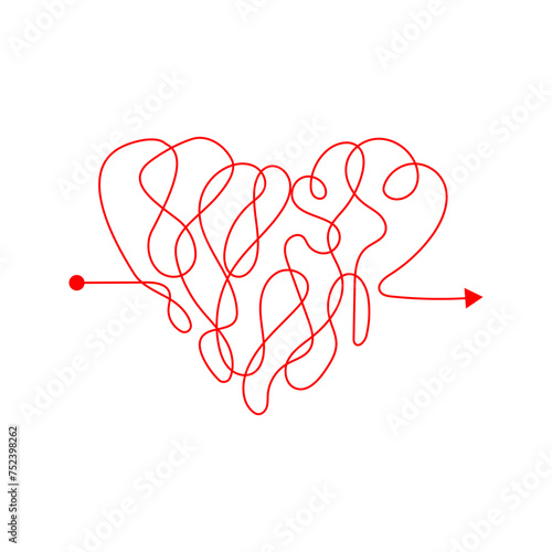 Red heart messy line. Chaotic heart line. Love triangle, tangle of thoughts. Concept Plan B, Point B. Vector illustration isolated on white background. Tangled love story, chaotic arrow line
