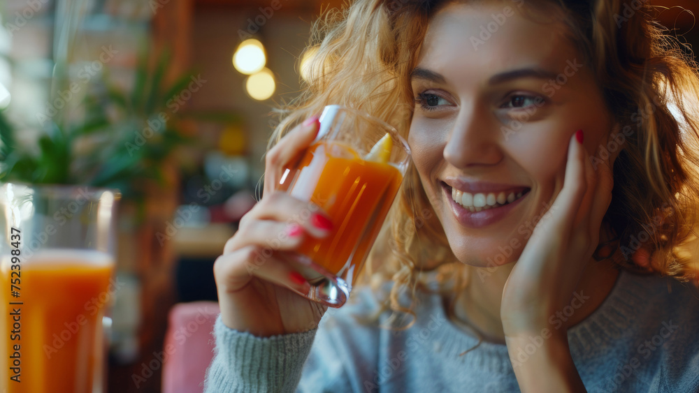 Joyful young woman enjoying a fresh juice in a cozy cafe setting with warm lighting. Joyful young woman enjoying a fresh juice in a cozy cafe setting with warm lighting.