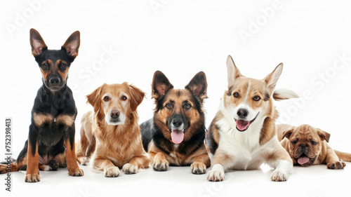 Lineup of assorted dogs posing side by side on white background. © VK Studio