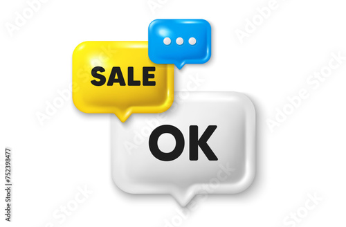 Discount speech bubble offer 3d icon. OK text tag. Approved okay message. Done or Good deal symbol. OK discount offer. Speech bubble sale banner. Discount balloon. Vector