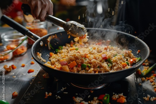The chef prepares delicious meals in the bustling kitchen with hot griddles, fresh vegetables, and fried rice.