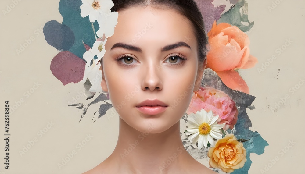 Fototapeta premium Abstract art collage of young woman with flowers
