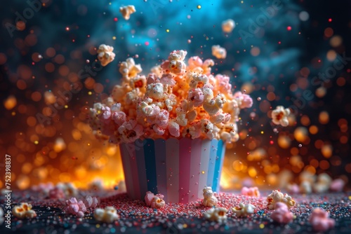 Festive explosive popcorn in a glass on a black background photo