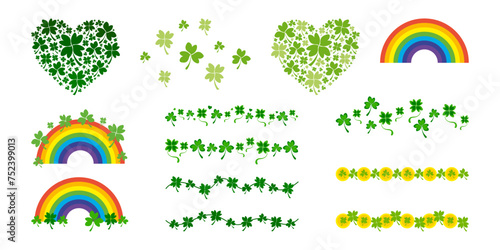 Irish decorative elements on St. Patrick Day - Irish border lines, rainbow. Traditional leaves - Clover and Shamrock. Irish leves pattern line for Saint Patrick's Day. Leaves heart shape illustration.