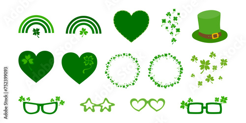 Irish decorative elements on St. Patrick Day - Irish hat, heart, green rainbow. Traditional leaves - Clover and Shamrock. Green leves round frame for Saint Patrick's Day. Ireland Patrick glasses.