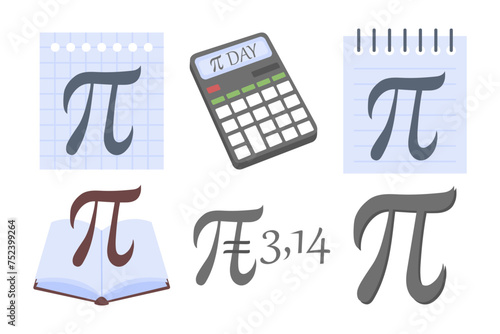 Pi Day illustrations set, annual celebration of the mathematical constant pi. Pi Day on March 14. International Day of Mathematics. PI set. Mathematics and arithmetic, calculations on calculator.