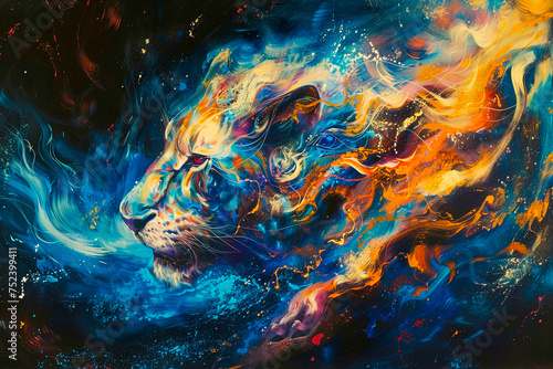 Majestic beast in fluid movement abstract expressionism with deep saturation and luminous detail fantasy realism