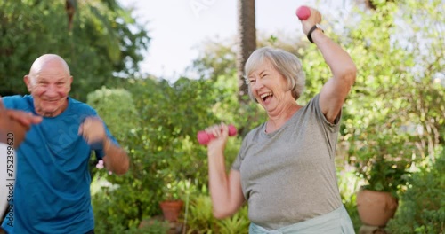 Senior care, old people and caregiver dancing, exercise and physiotherapy in garden for rehabilitation. Energy, happy and weightlifting with dumbbells for muscle training outdoor at nursing home