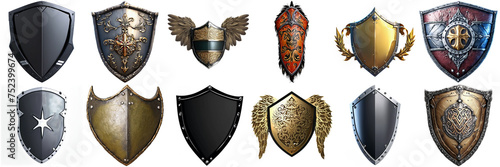 A collection of various shields, showcasing a diverse range of designs and colors. Set of 12 different isolated shields with transparent backgrounds. Realistic, fantasy, cartoon, abstract image, each  photo
