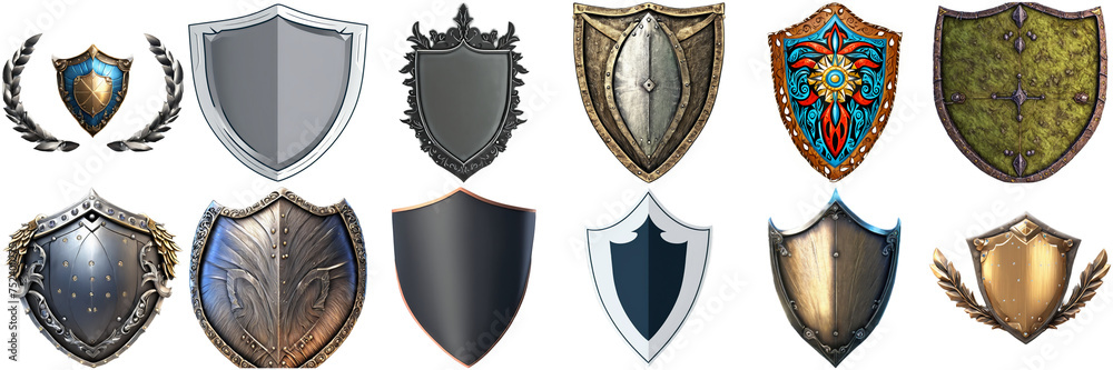 A collection of various shields, showcasing a diverse range of designs and colors. Set of 12 different isolated shields with transparent backgrounds. Realistic, fantasy, cartoon, abstract image, each A collection of various shields, showcasing a diverse range of designs and colors. Set of 12 different isolated shields with transparent backgrounds. Realistic, fantasy, cartoon, abstract image, each