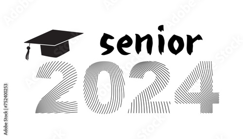 Senior 2024 with Graduation Cap and Graduate Year, vector school concept. Linear effect numbers on white. 