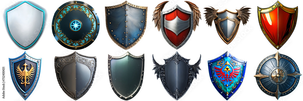 Fototapeta premium A collection of various shields, showcasing a diverse range of designs and colors. Set of 12 different isolated shields with transparent backgrounds. Realistic, fantasy, cartoon, abstract image, each 