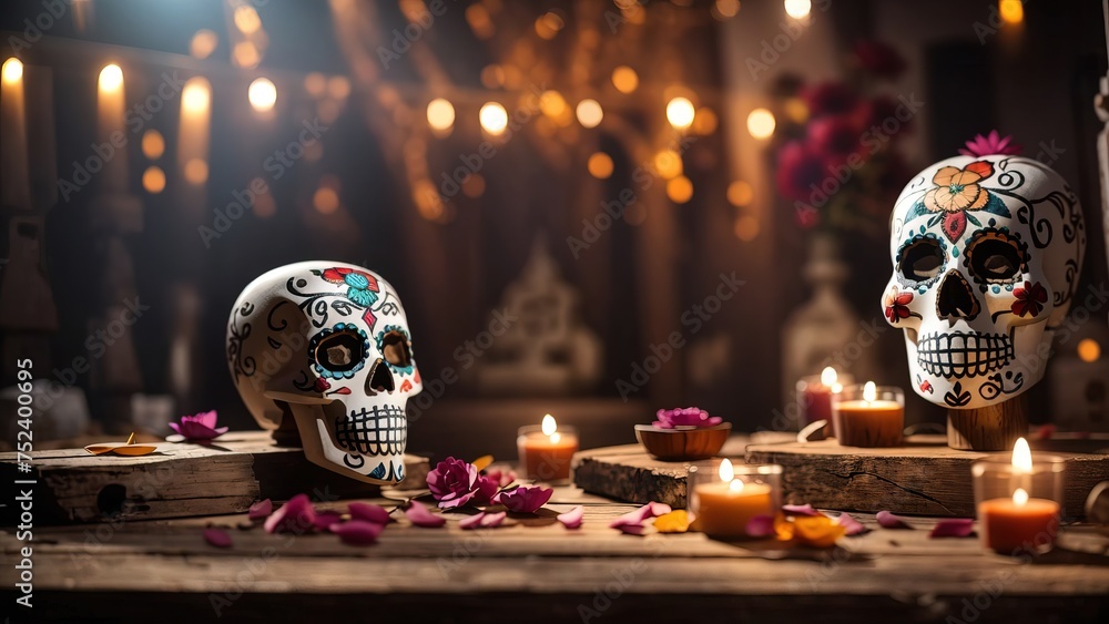 Rustic wooden table set against a backdrop of day of the dead