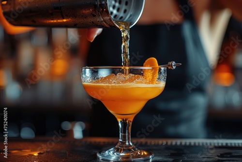 The bartender pours the finished cocktail from a glass shaker into a glass on a black bar background in night club. Making colorful cocktails in the bar, holiday vibe, free time, bartender job.
