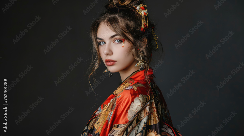 European girl posing in traditional clothes of Asian cultures European girl posing in traditional clothes of Asian cultures