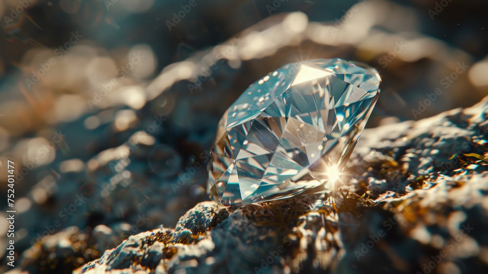 A radiant diamond glittering on a sunlit rocky surface.