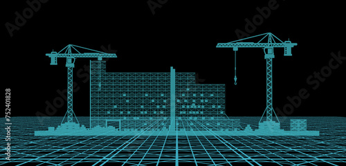 Konstruktion Planung Bauindustrie Grid - Gebäude Halle Baustelle mit Baukran und Gabelstapler - Bau Projekt Phase Rohbau	
