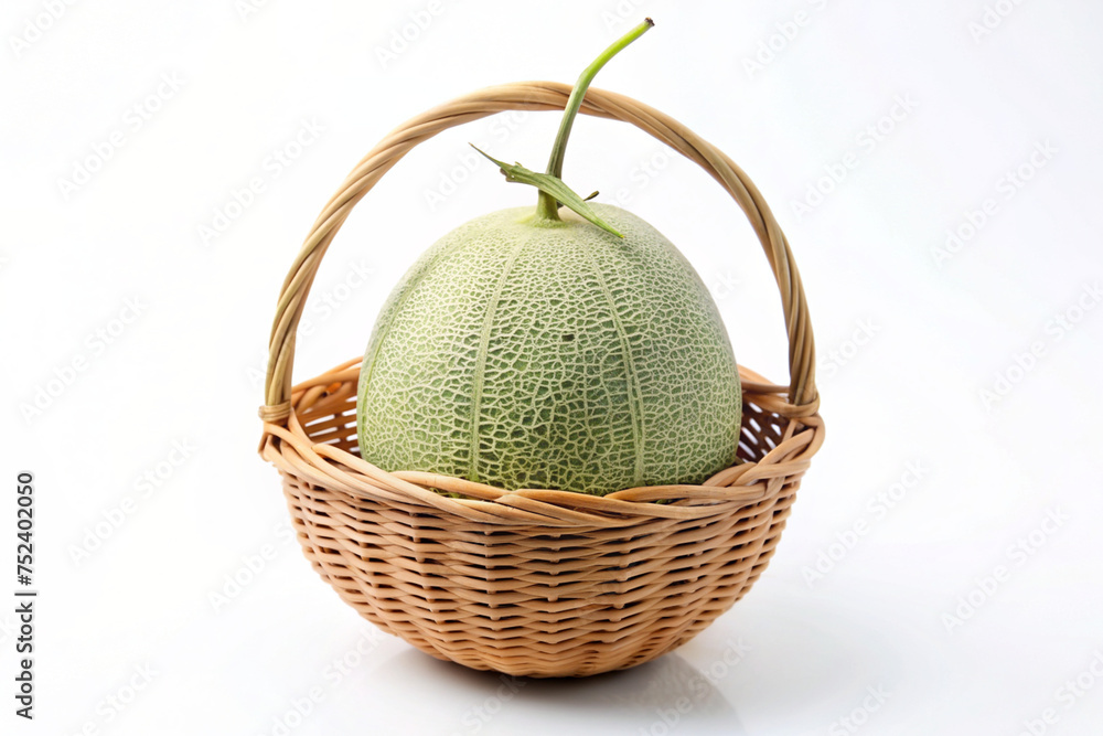 cantaloupe fruit in a basket isolated on white cantaloupe fruit in a basket isolated on white