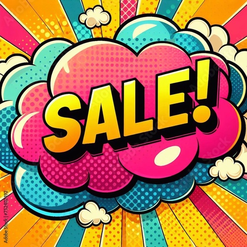 Sale! on a cloud in bright colors, pop-art style. AI generated illustration