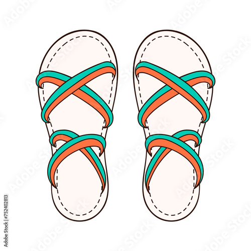 Woman Sandals icon in flat style. Bare foot green and orange slippers design for shoes store. Vector illustration isolated on a white background.