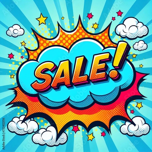 Sale! on a cloud in bright colors, pop-art style. AI generated illustration