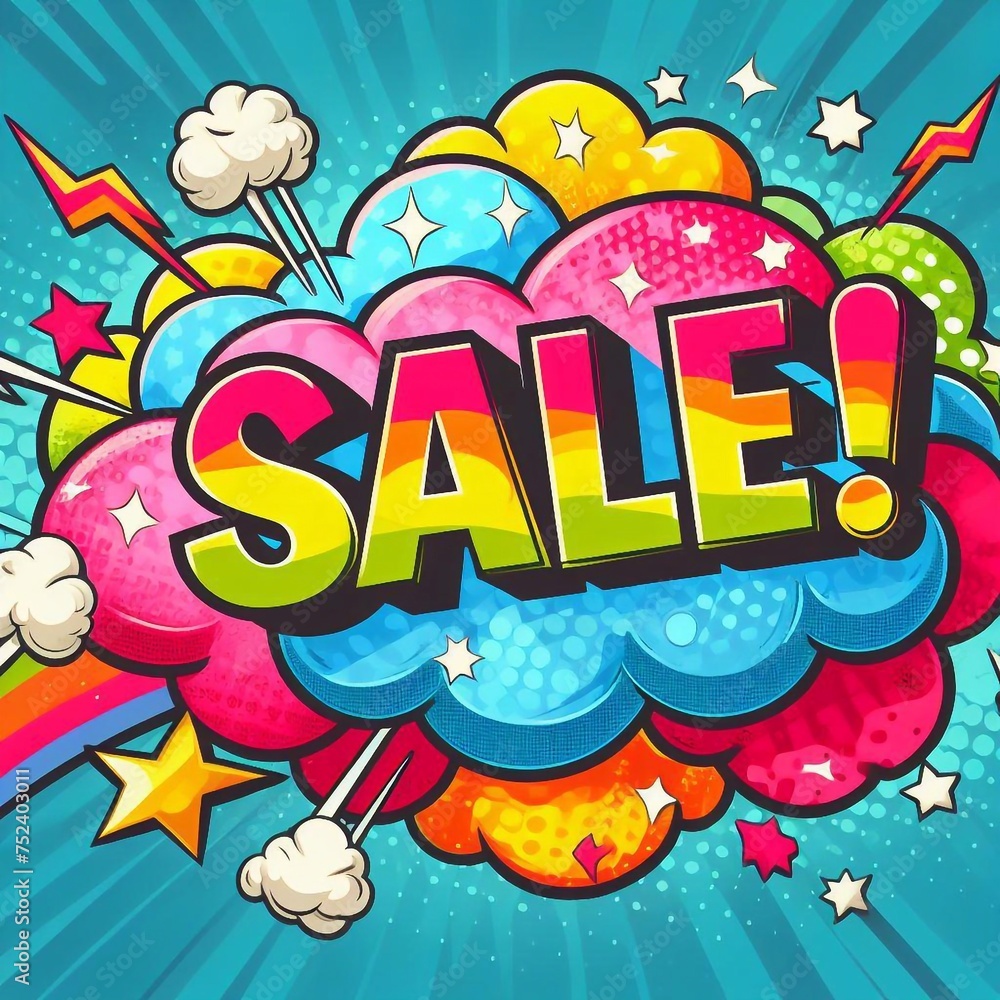 Sale! on a cloud in bright colors, pop-art style. AI generated illustration