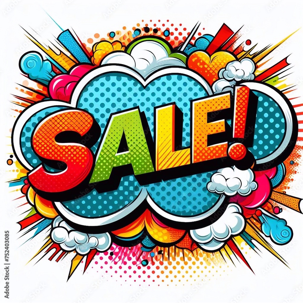 Fototapeta premium Sale! on a cloud in bright colors, pop-art style. AI generated illustration