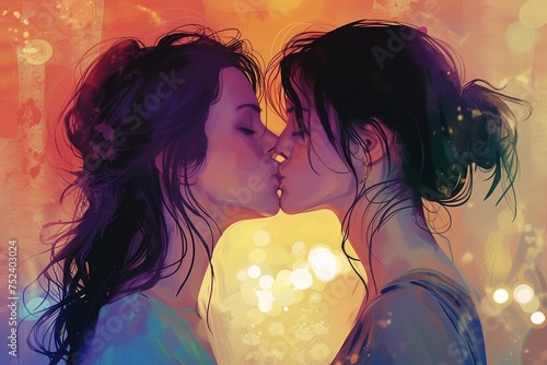 Illustration von zwei sich küssenden und verliebten jungen Frauen  photo