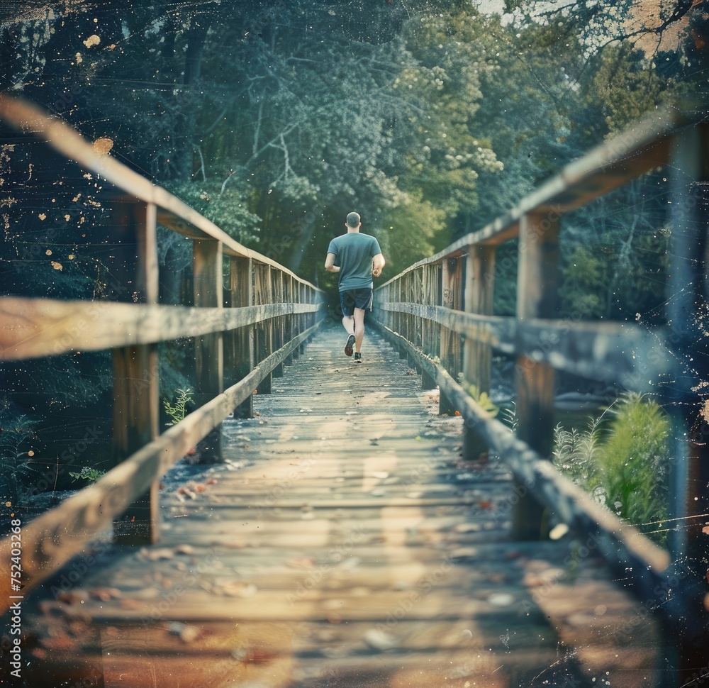 Solitary Jog on Rustic Wooden Bridge, man enjoys a peaceful jog along a weathered wooden bridge surrounded by lush foliage, capturing a moment of tranquility and fitness in nature