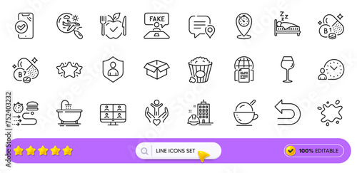 Ice cream, Volunteer and Security line icons for web app. Pack of Bordeaux glass, Vegetarian food, Undo pictogram icons. Video conference, Sleep, Time management signs. Approved phone. Vector