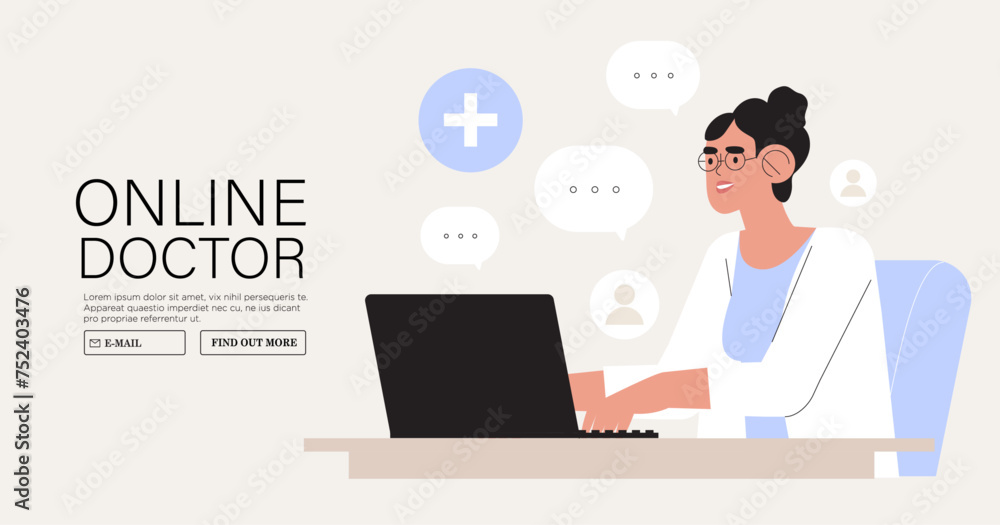 Patient having conversation or video call with doctor on laptop. Modern health care services and online medicine app concept. Flat cartoon vector illustration. Online medical consultation. Healthcare Patient having conversation or video call with doctor on laptop. Modern health care services and online medicine app concept. Flat cartoon vector illustration. Online medical consultation. Healthcare