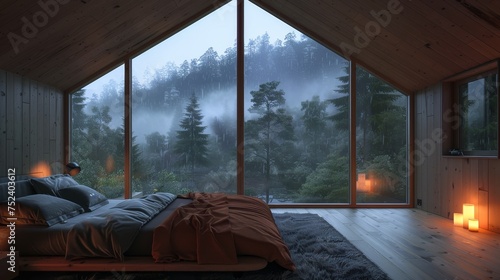 A modern  cozy bedroom featuring a large panoramic window offering a breathtaking view of a misty forest landscape.
