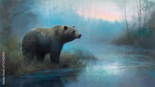 Bear standing next to a river in the fog © Michel 