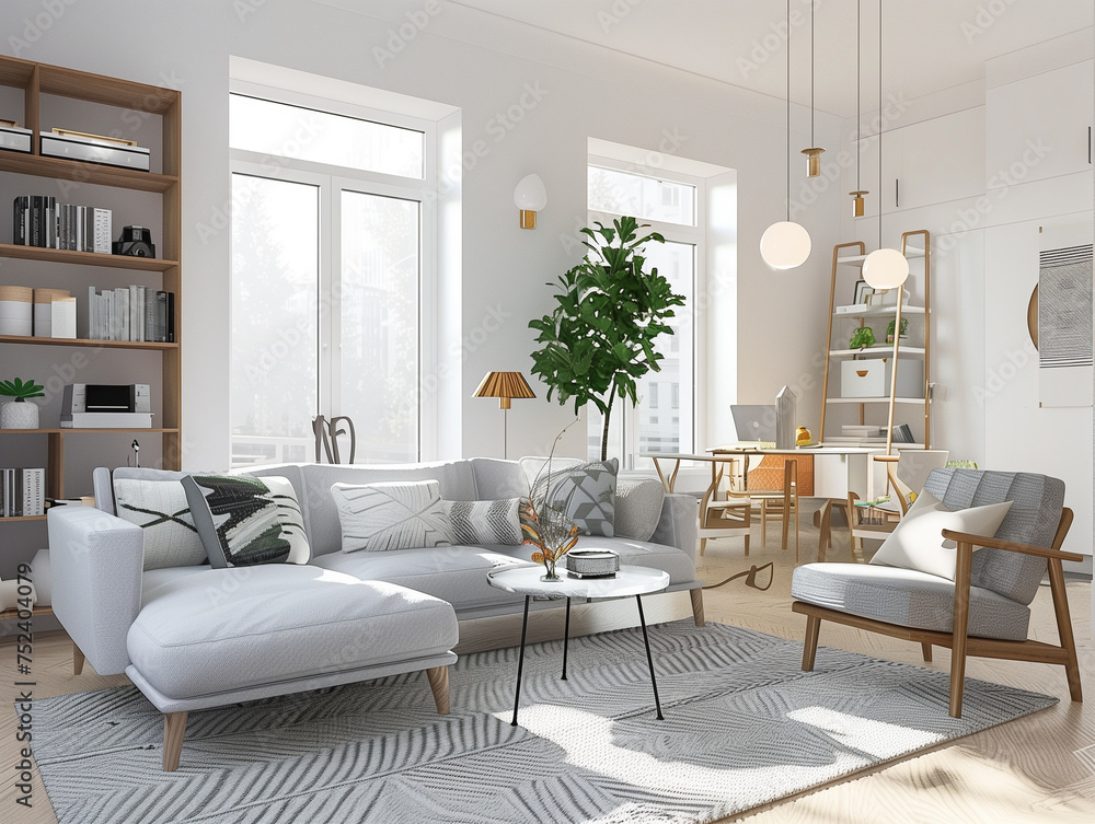 modern Scandinavian minimalist living room in white and beige colours